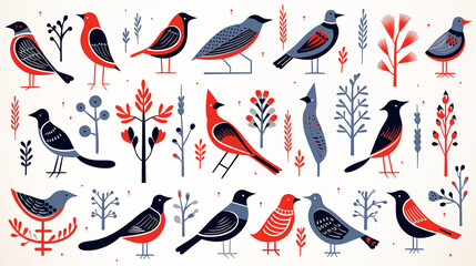 Fototapeta premium Nordic Christmas Linocut: Festive Birds in Scandinavian Style