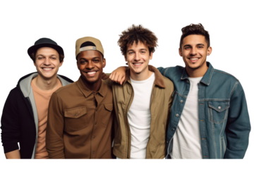 Portrait of group young multiracial men standing together on transparent background.