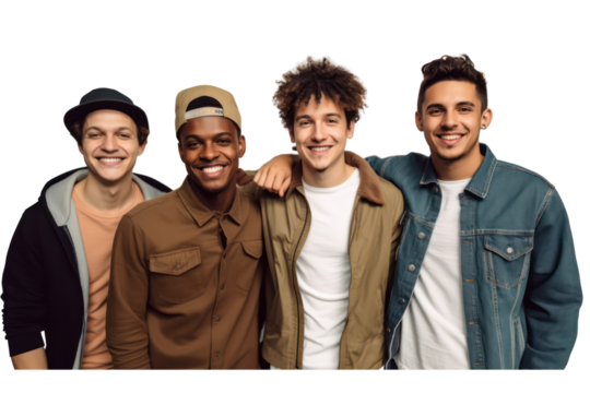 Portrait of group young multiracial men standing together on transparent background.