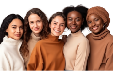 Portrait of group young multiracial women standing together on transparent background.