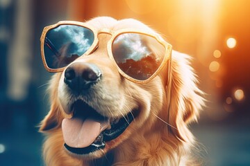 A stylish golden retriever dog confidently struts down a bustling city street, sporting trendy sunglasses. Perfect for adding a touch of coolness and fun to any project - obrazy, fototapety, plakaty