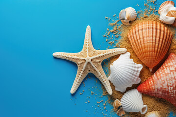 Fototapeta na wymiar Shells and starfish on blue background. Perfect for beach-themed designs and coastal decorations.