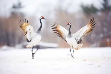dance of cranes against snowy backdrop
