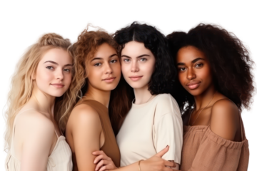 Portrait of group young multiracial women standing together on transparent background.