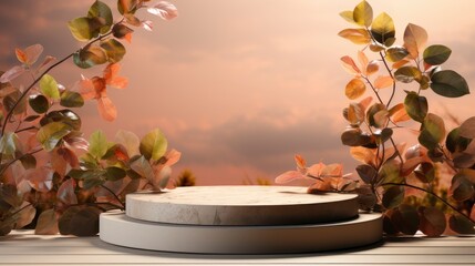 Naklejka na ściany i meble Podium Display Product Presentation Leaves 3D, Wallpaper Pictures, Background Hd