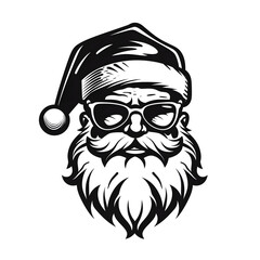 Hand drawn Santa Claus portrait black and white graphic illustration isolated on white background