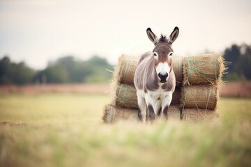 donkey loaded with hay bales in a field - obrazy, fototapety, plakaty