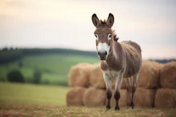 Fototapeten donkey loaded with hay bales in a field © stickerside