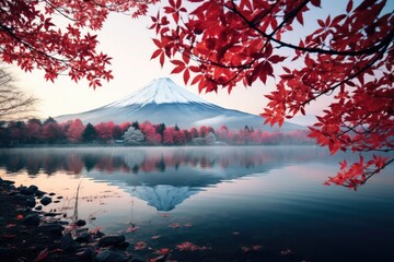 A stunning image of a mountain reflected in the calm waters of a lake. Perfect for nature lovers and travel enthusiasts