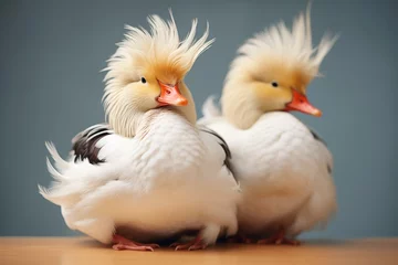 Fototapeten white pekin ducks preening feathers © stickerside