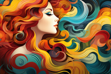 Vibrant painting of woman with flowing red hair. This artwork captures beauty and elegance of woman with fiery locks. Perfect for adding pop of color and sophistication to any space.