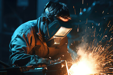 Man wearing welding mask is seen working on piece of metal. This image can be used to depict industrial work, metal fabrication, or welding processes.