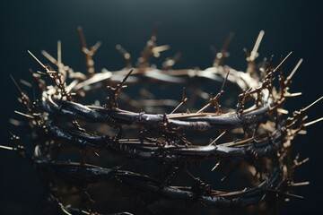 A crown of thorns made of twigs placed on a table. Perfect for religious or symbolic concepts - obrazy, fototapety, plakaty