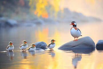 duck family on river bank at sunrise