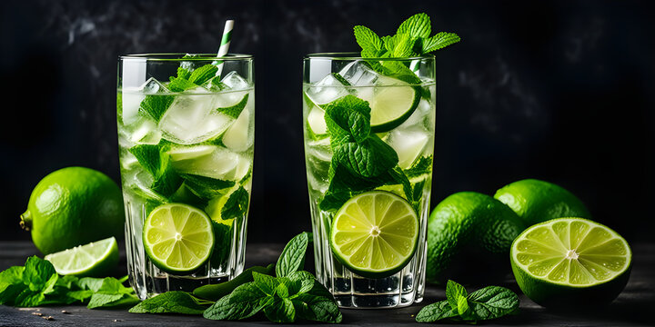 cocktail alcohol traditional fresh tropical beverage soda water and ice on dark backgroud.