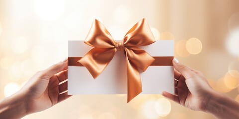 Two hands holding a white card with a brown bow. Perfect for invitations, greetings cards, or gift tags.