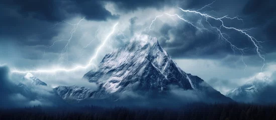 Muurstickers Mountain hit by lightning during storm. © AkuAku