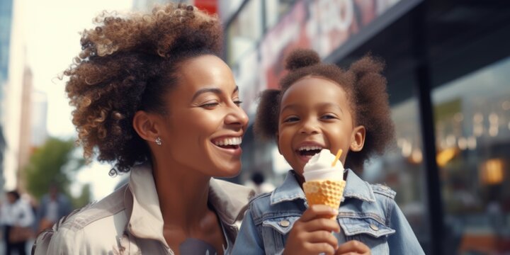 A woman and a child are seen happily eating ice cream cones. This image can be used to depict the joy of indulging in a sweet treat and spending quality time together