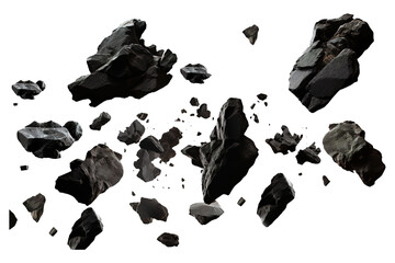 Falling black rocks isolated on transparent background Remove png, Clipping Path, pen tool - obrazy, fototapety, plakaty