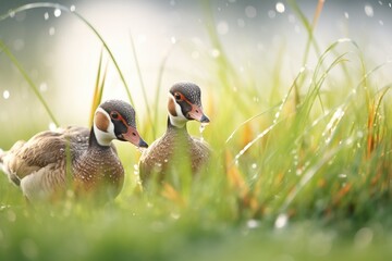 wet feathers detail, geese in morning dew grass