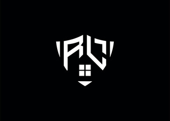 Real estate letter RL shield shape logo and house building vector template