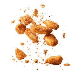 flaying fried chicken nuggets isolated on transparent background Remove png, Clipping Path, pen tool - obrazy, fototapety, plakaty