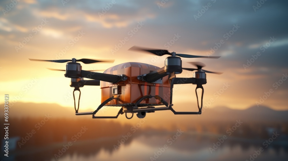 Poster a drone flying in the air with a beautiful sunset in the background. perfect for capturing aerial vi