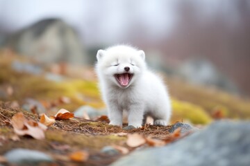 Fototapeta premium arctic fox yawn on frosty ground