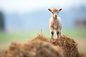 Obraz premium baby goat standing on a small haystack
