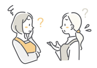 悩む二人の主婦　シンプルでお洒落な線画イラスト　