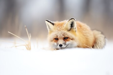 Obraz premium fox burrowing into snow for warmth