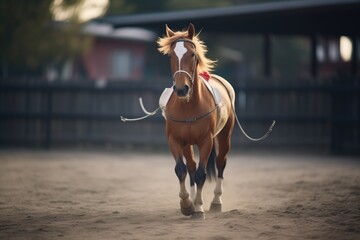 horse wearing blinders trotting around a round pen