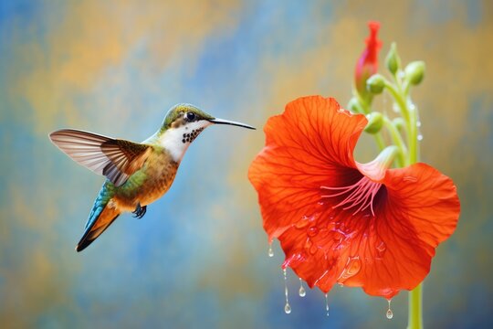 hummingbird sipping nectar from a bright red hibiscus