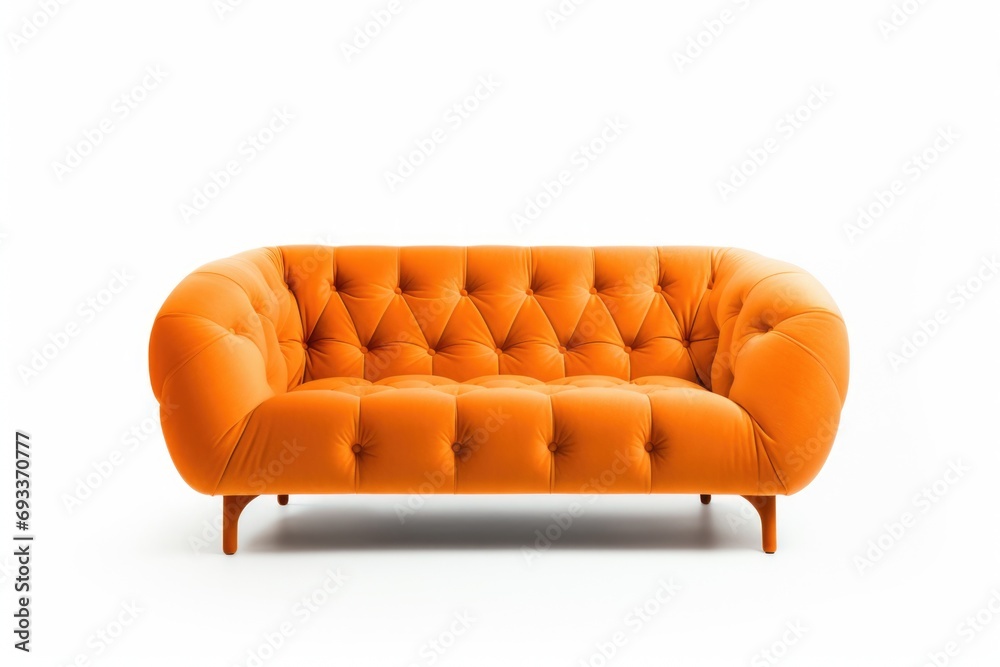 Poster an orange couch placed on top of a clean white floor. this versatile image can be used to showcase m