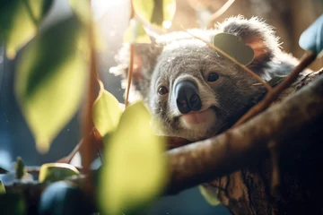 Fotobehang sunlight filtering through leaves onto koala © stickerside