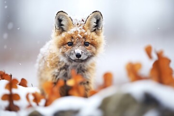 close-up of camouflaged fox in snowy scape