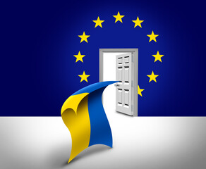 Ukraine Entering The European Union concept as the Ukrainian flag and the EU symbol joining together as an open door for accession membership as an EU candidate