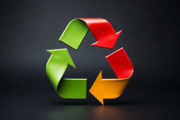 3D recycle symbol painted green, red and yellow isolated on the black background. Ecology and environmental protection concept. Mockup, copy space.