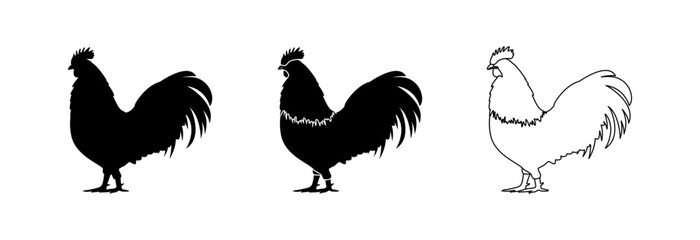 Silhouette of a rooster in three variations on a white background.