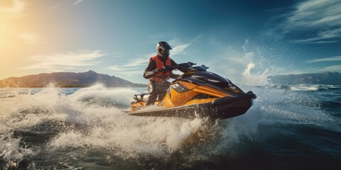 A person riding a jet ski on a body of water. Suitable for outdoor water sports and recreational activities