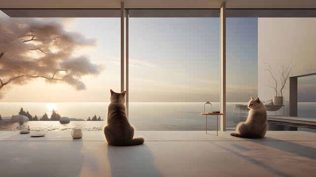 Two cats looking at the window in a modern house 