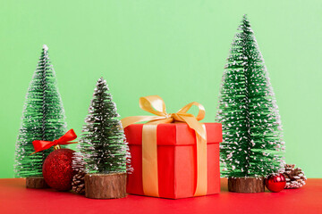 Christmas composition. craft Gift box, small tree, branches and craft DIY decorations on white background. New year concept. Christmas home decoration Flat lay, top view, copy space