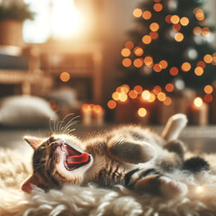 "Whimsical Feline Fun: A Playful Tabby Cat Caught Mid-Roll on a Cozy Chair, With a Christmas Tree Blurring in the Background", CatPhotography, PlayfulKitty, HolidayVibes, HomeDecor, PetPortrait
