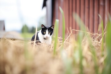 black and white cat stalking through tall grass near barn
