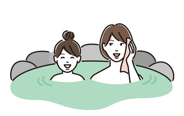 温泉に入る若い女性と家族