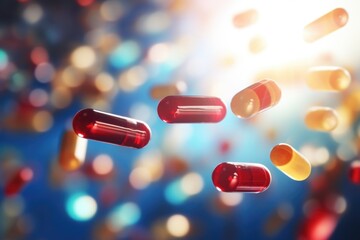 A vibrant image capturing a bunch of red and yellow pills flying in the air. Perfect for illustrating the concept of medicine, healthcare, or pharmaceuticals. - obrazy, fototapety, plakaty