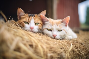 two barn cats nestled together in a pile of straw