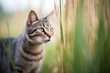 tabby cat stalking through tall grass