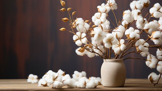 Branch White Cotton Flowers Wooden Podium, Wallpaper Pictures, Background Hd