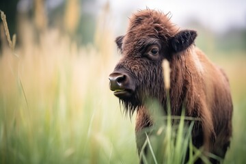 bison standing beside tall prairie grasses